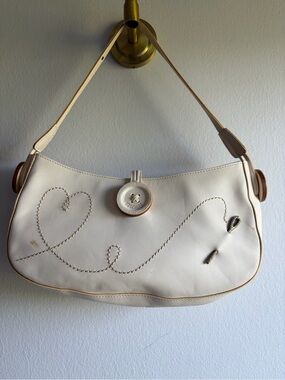 Moschino Cream Leather Shoulder Bag with Heart Stitch Detail